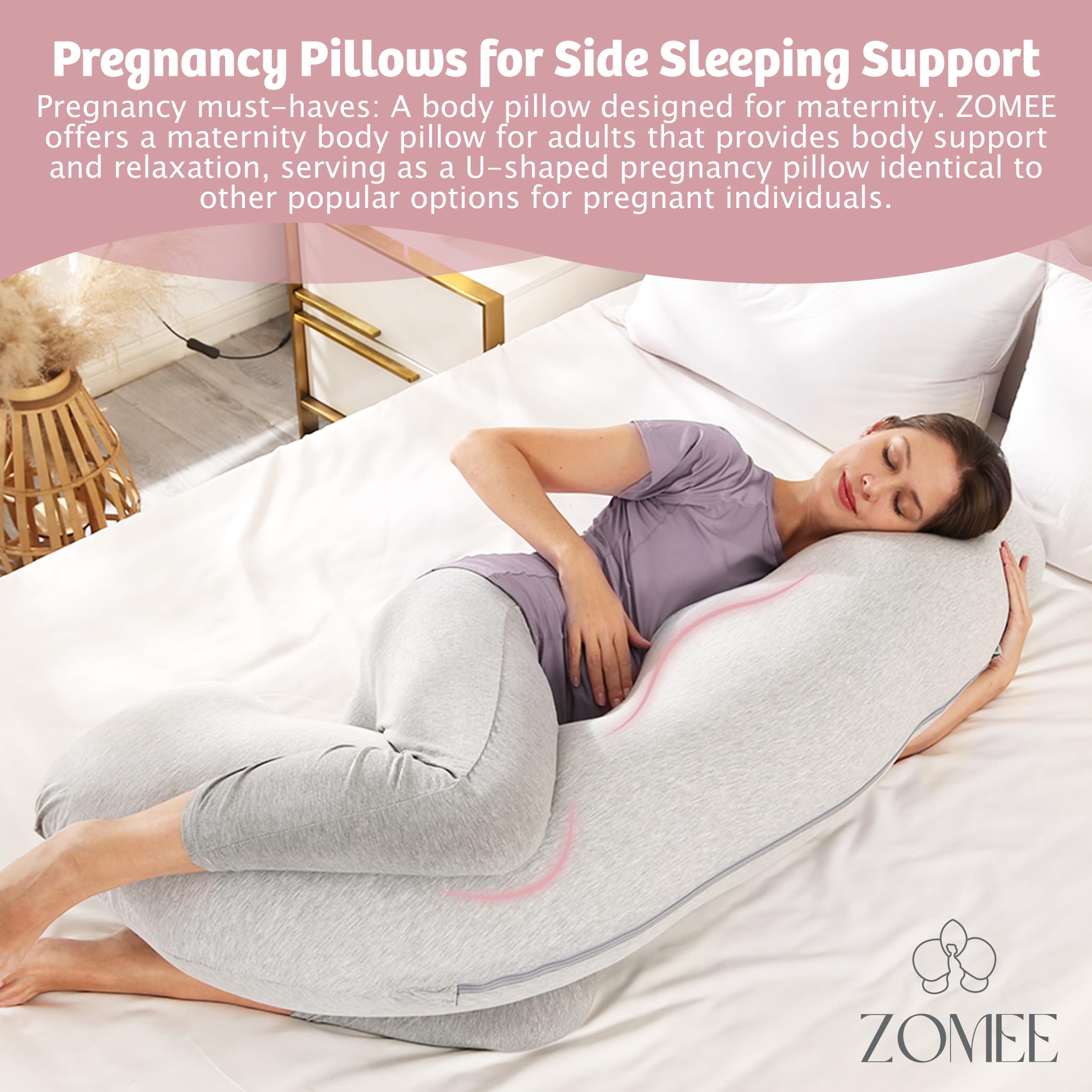 Zomee Comfort Pillow side-sleep setup demonstrates space-saving design.