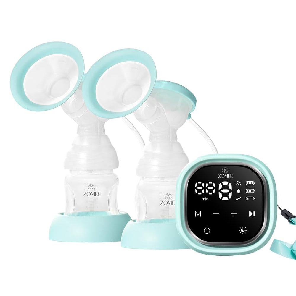 Zomee Z2 wearable breast pump on breast for discreet hands-free pumping at home