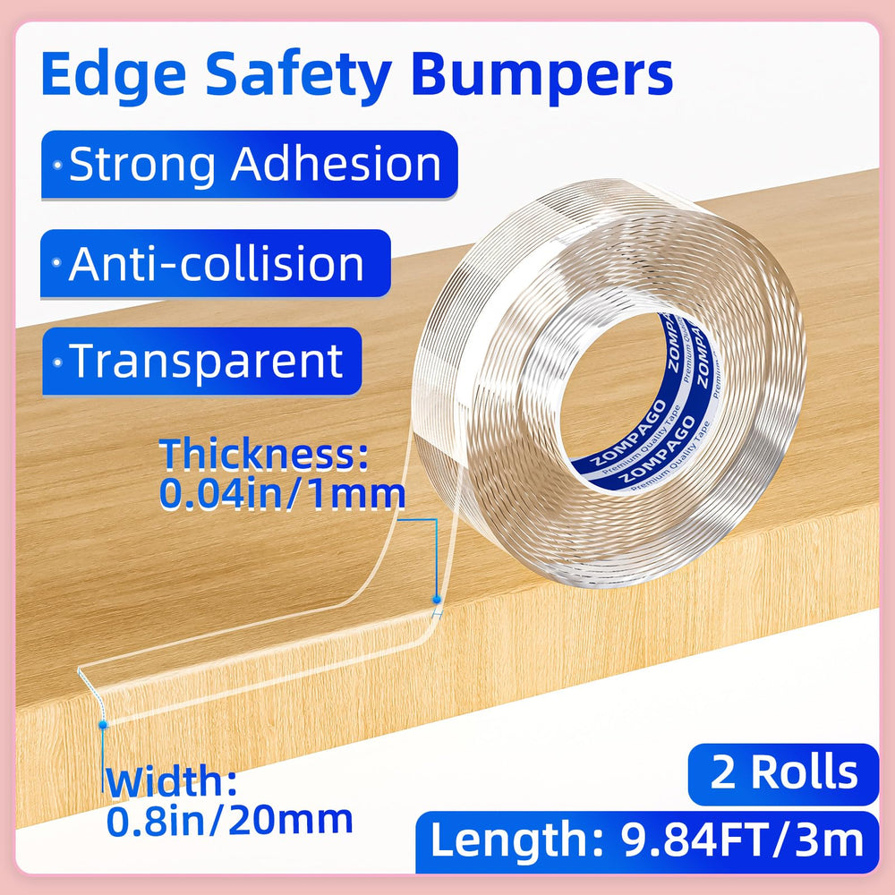 ZOMPAGO corner protectors on a table edge showing easy, mess-free installation.