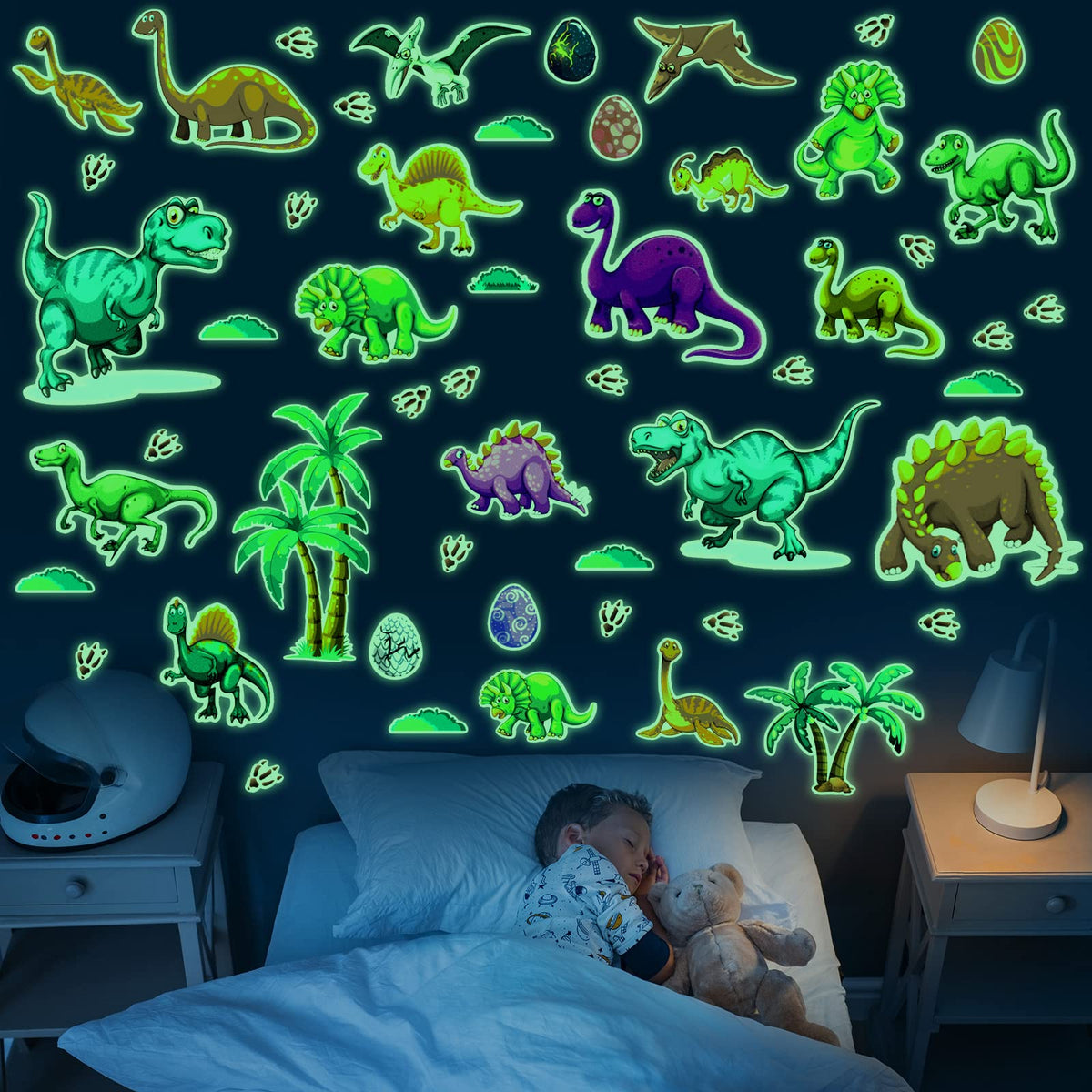 Zonon dinosaur wall decal forest scene brightening a playroom.