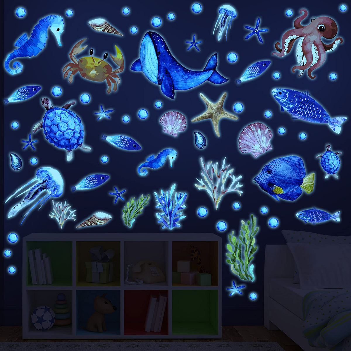 Zonon glow-ocean-stickers with turtles and shells glow at night for calming bedroom decor.