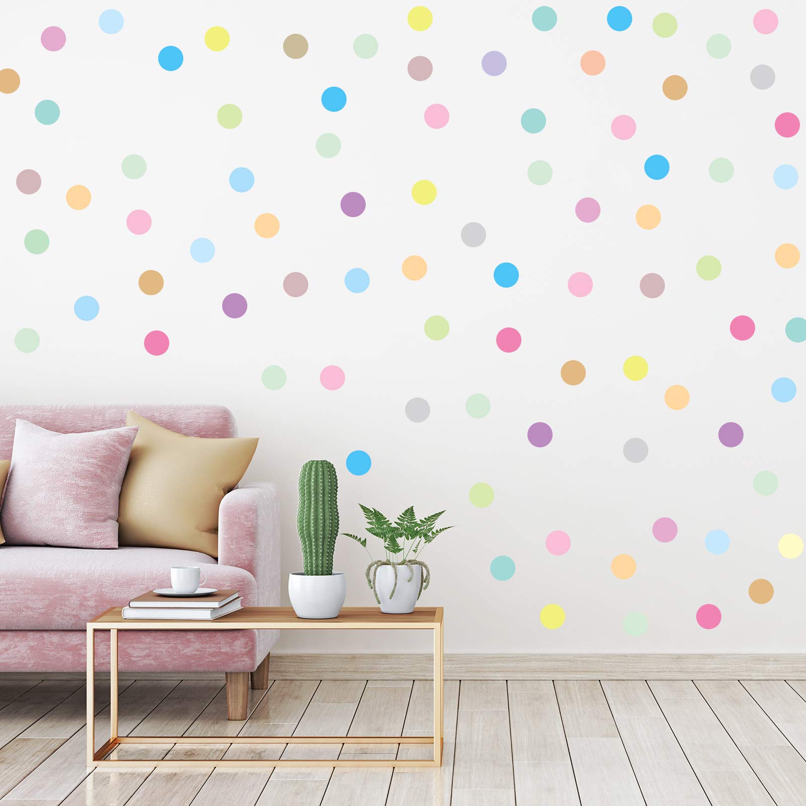 Zonon polka dots wall decals on wall brighten playroom with pastel rainbow colors.