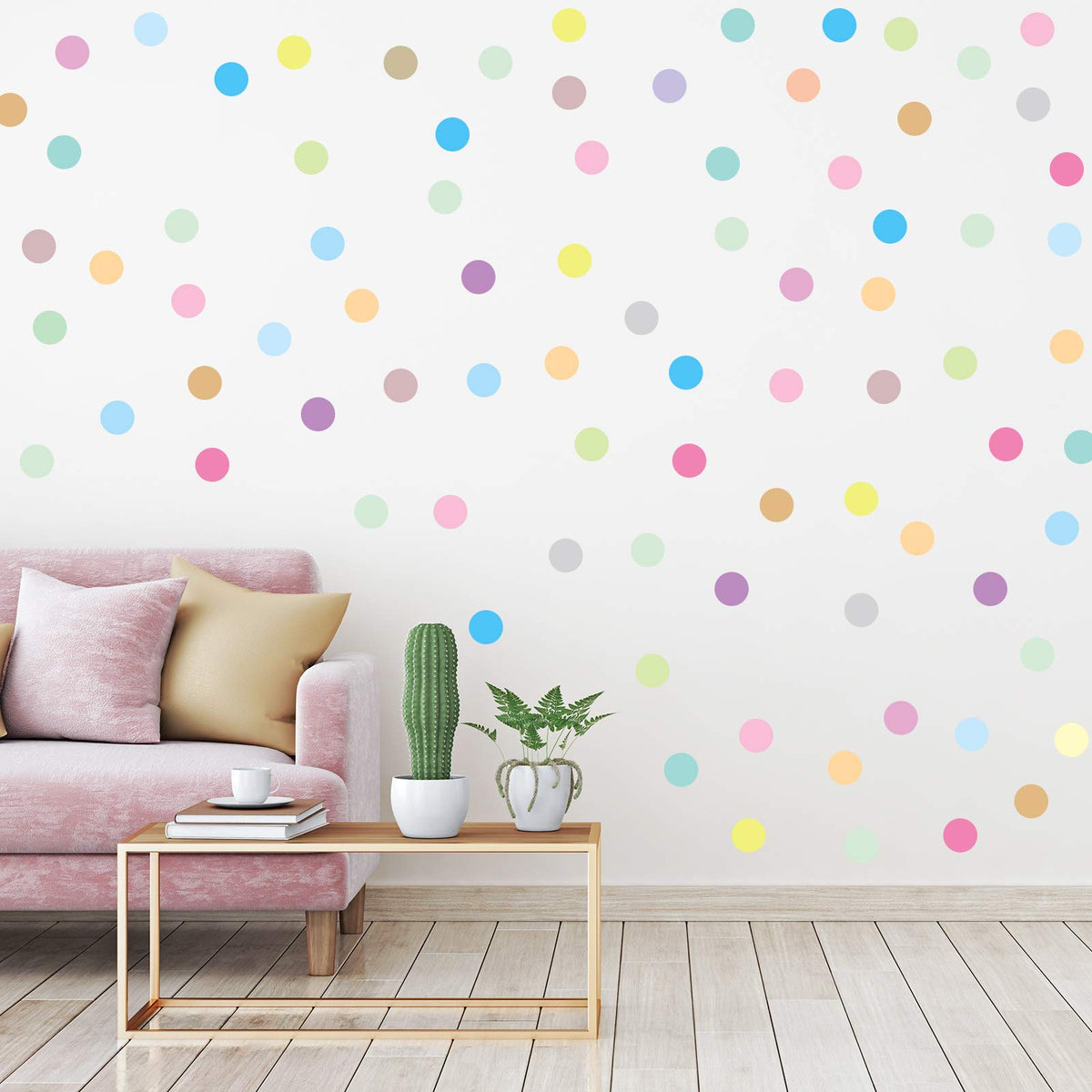 Zonon polka dots wall decals on wall brighten playroom with pastel rainbow colors.