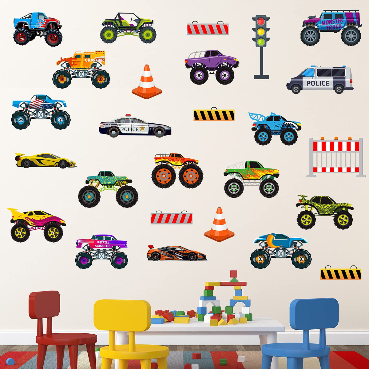 Zonon trucks wall decal sheet 1 shows colorful trucks for kids' room decoration