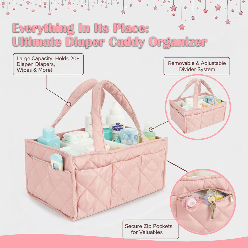 ZONZEE diaper caddy shows three compartments for efficient item separation.