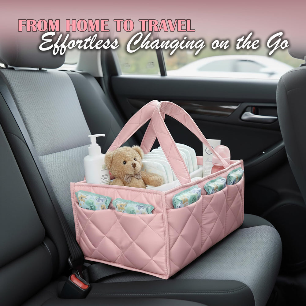 ZONZEE diaper caddy features side zip pockets for secure storage on outings.