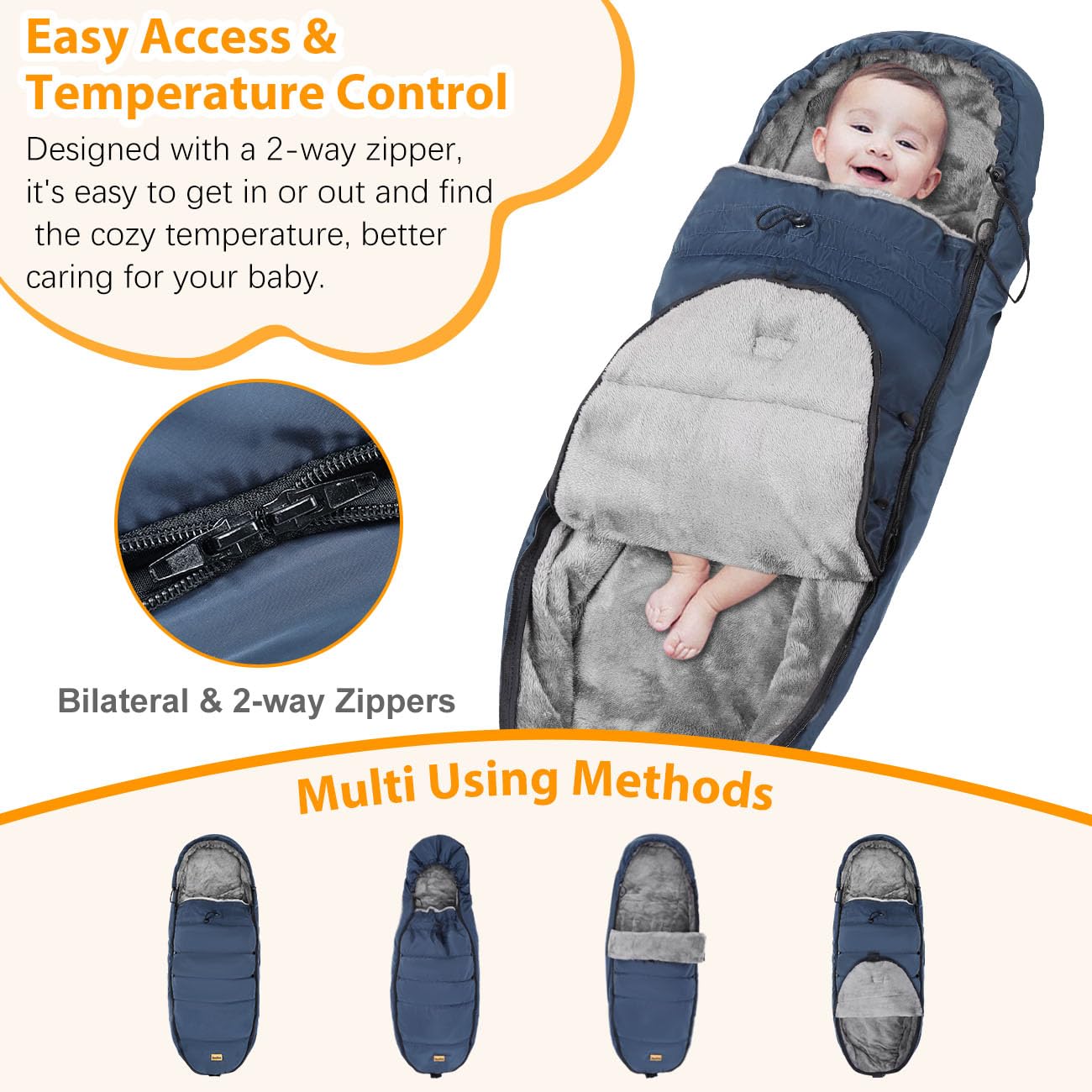 Zooawa bunting bag diaper-change zip feature in action for quick access.