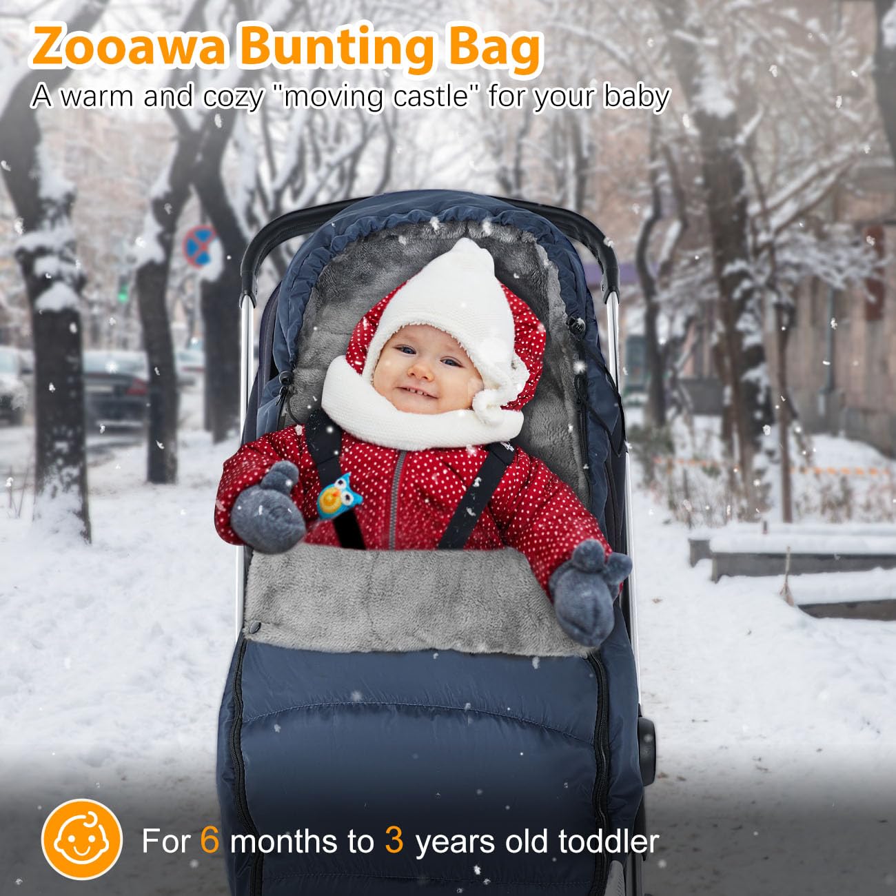 Zooawa bunting bag universal fit back view highlights stroller compatibility.