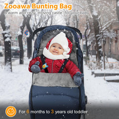 Zooawa bunting bag universal fit back view highlights stroller compatibility.
