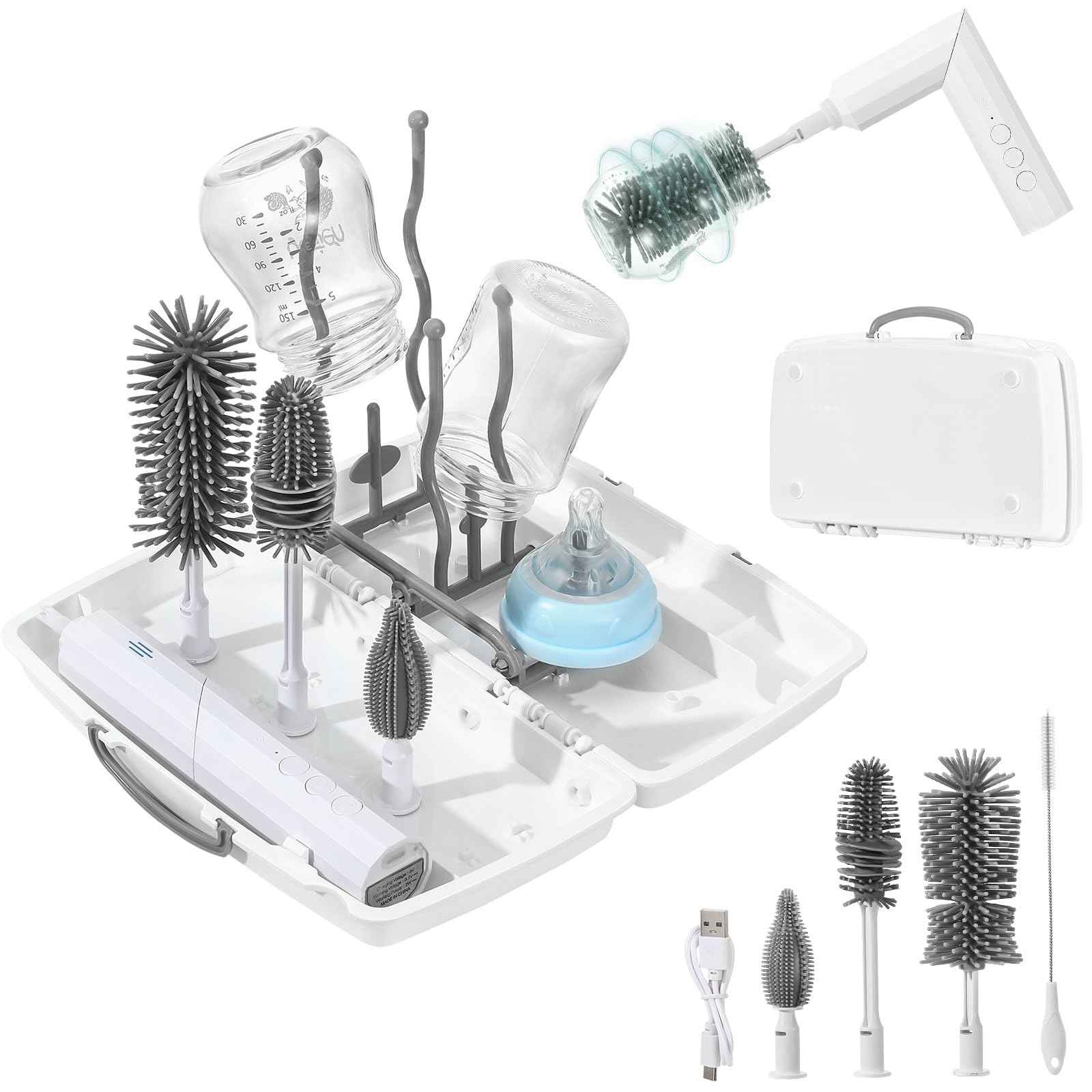 Zooawa electric bottle brush handle with 4-speed rotation for thorough bottle cleaning.