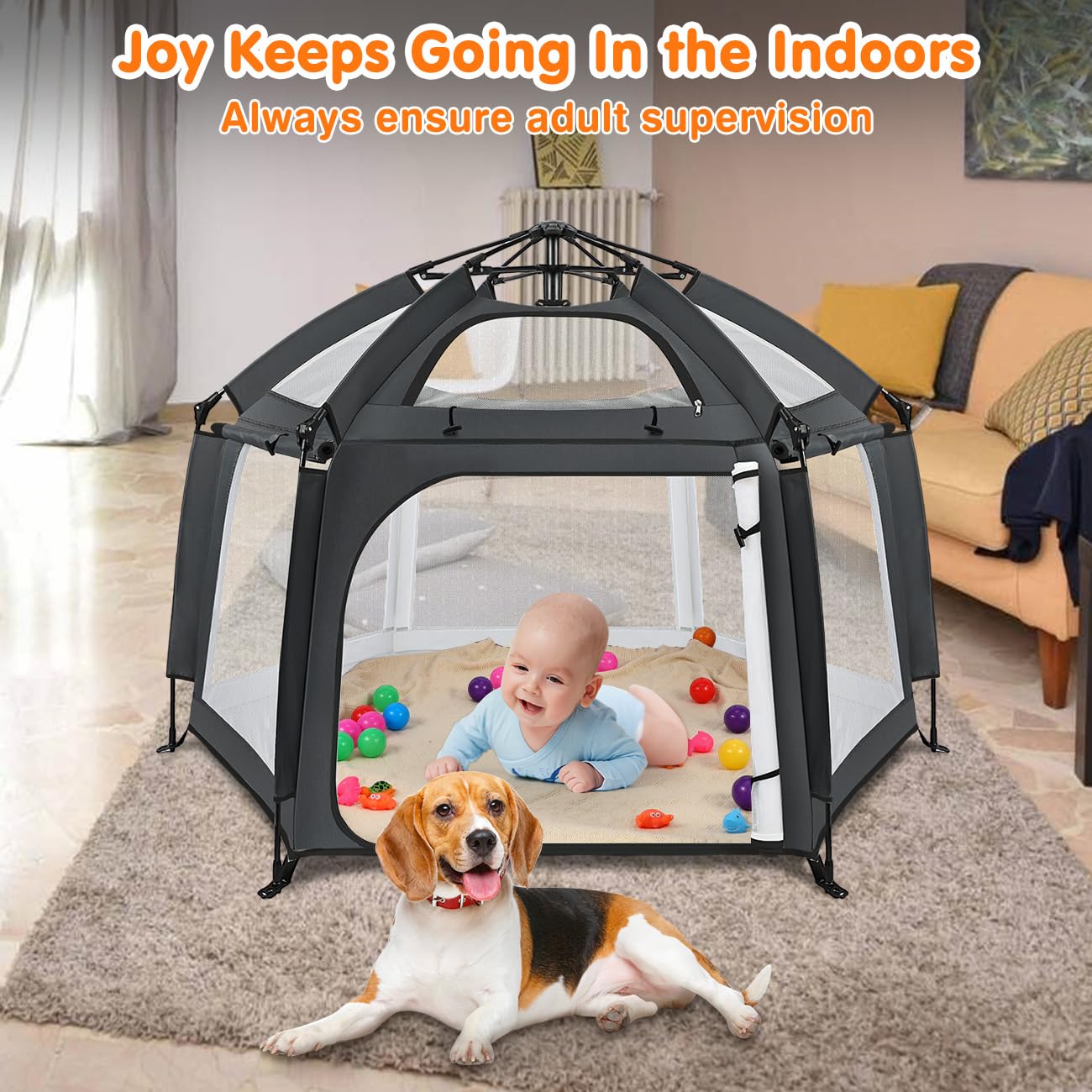 Zooawa Pop Up Playpen breathable mesh panels improve visibility and airflow.