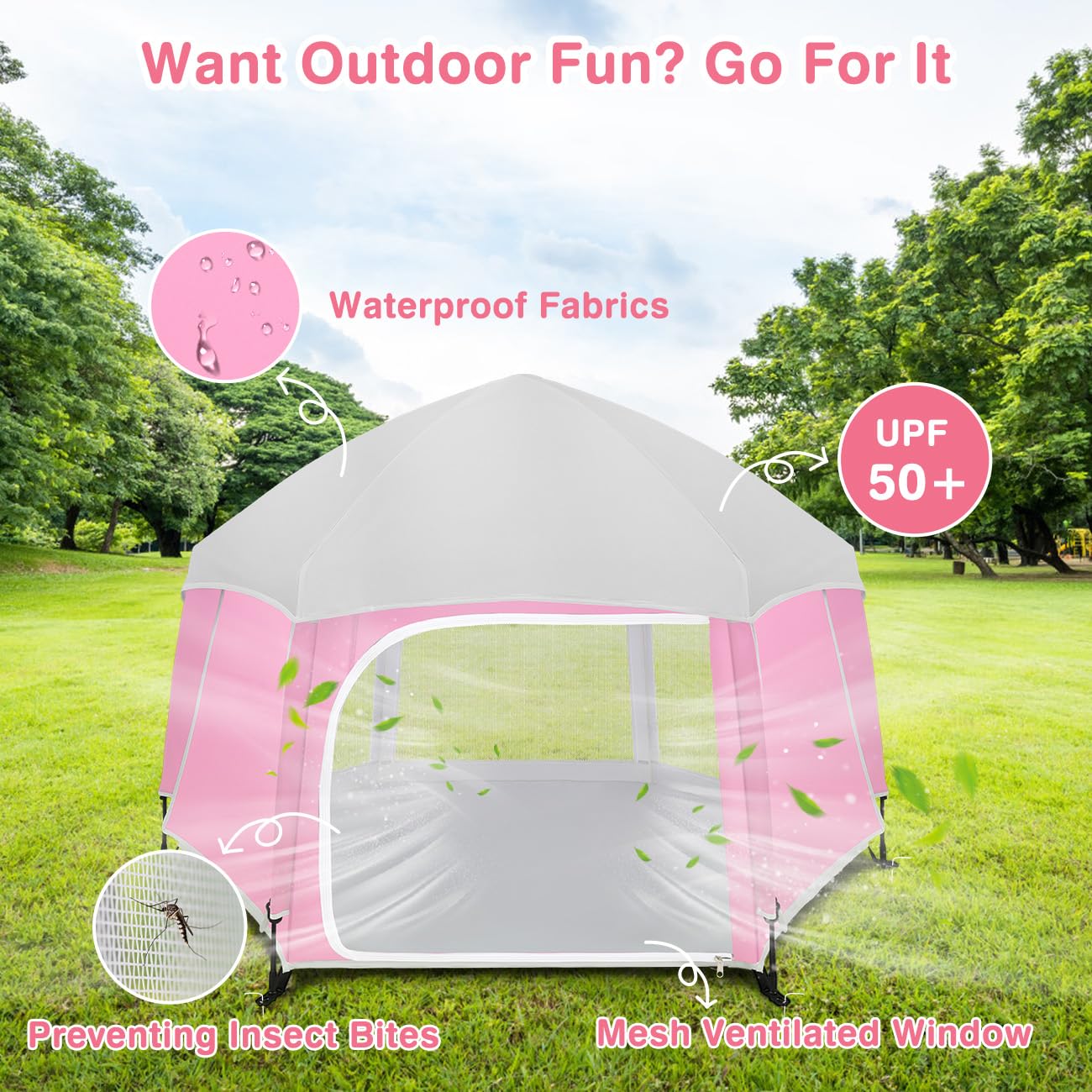 Zooawa pop up playpen side view showing side sunshades for shade coverage