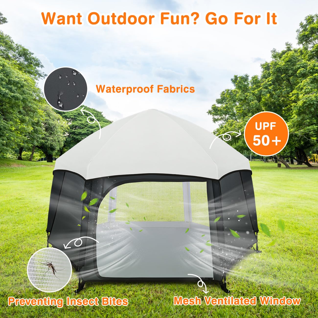Zooawa Pop Up Playpen sunshade top view highlights UPF50+ protection.