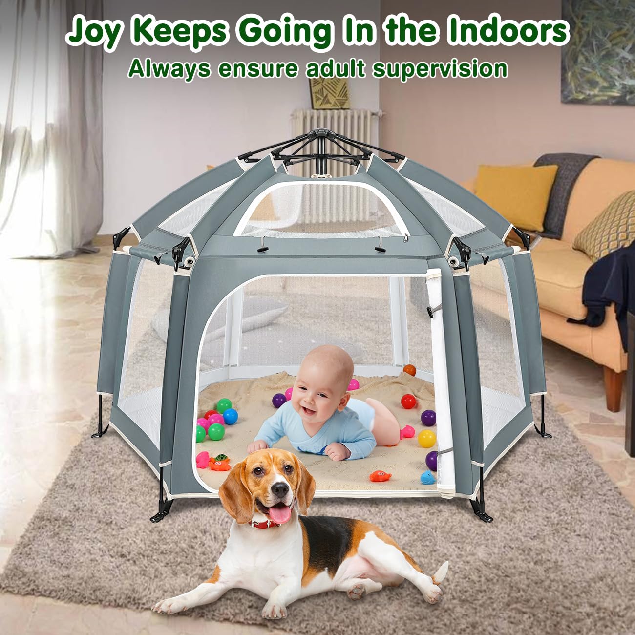 Zooawa playpen with toddler inside providing roomy crawl space