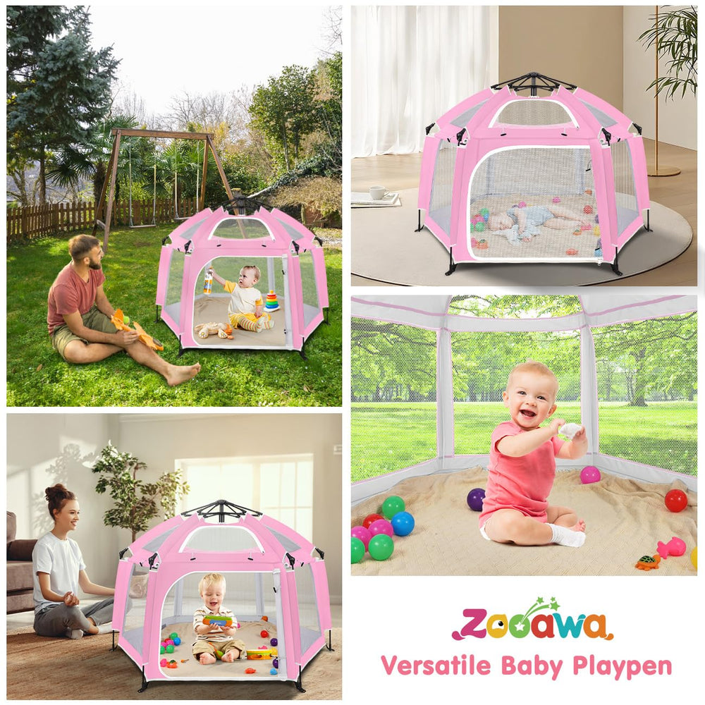 Zooawa pop up playpen UV canopy closeup highlighting UPF50+ protection