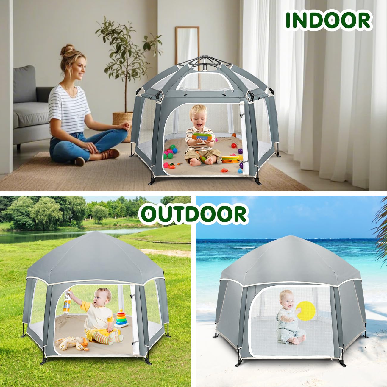 Zooawa playpen UV canopy protecting baby from sun exposure
