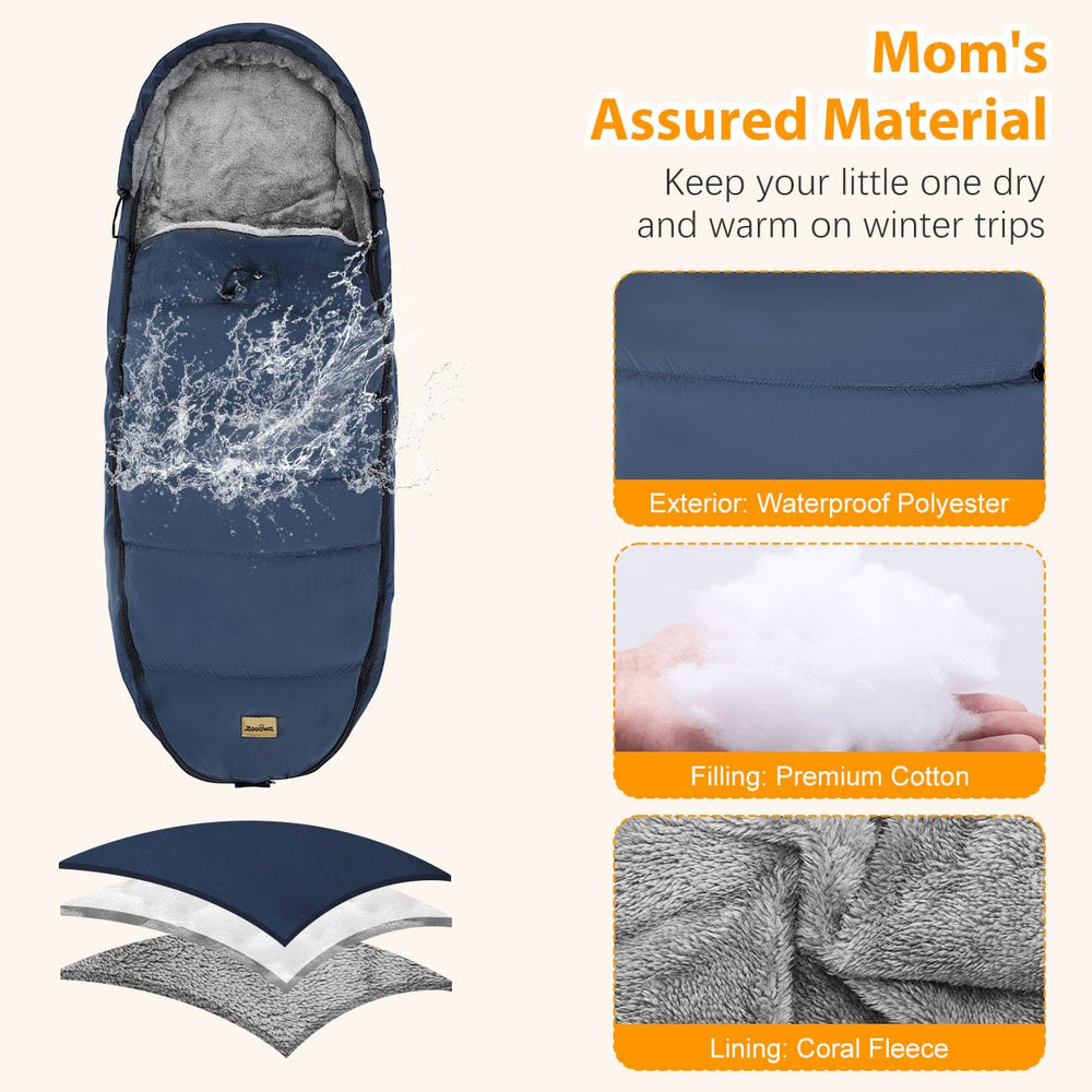 Zooawa stroller footmuff waterproof material close-up emphasizes weatherproof shell.