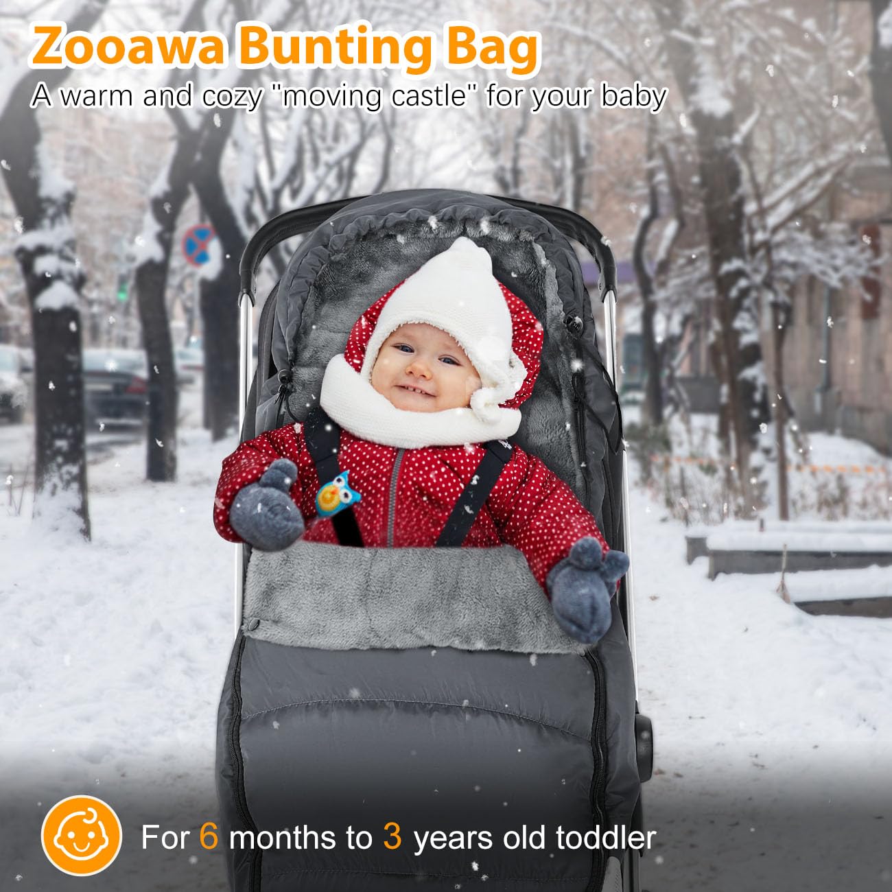 Zooawa Warm Bunting Bag with cotton filling and coral fleece lining for cozy warmth.