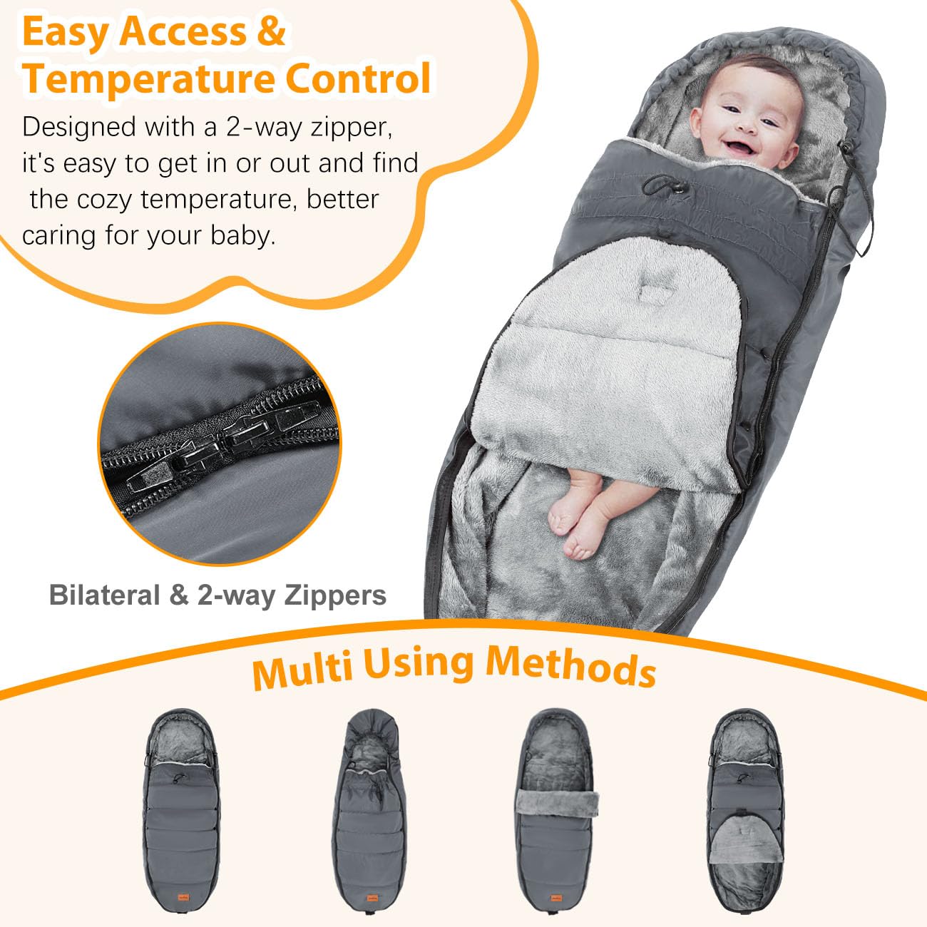 Zooawa Warm Bunting Bag easy-in/out zipper for quick diaper changes.