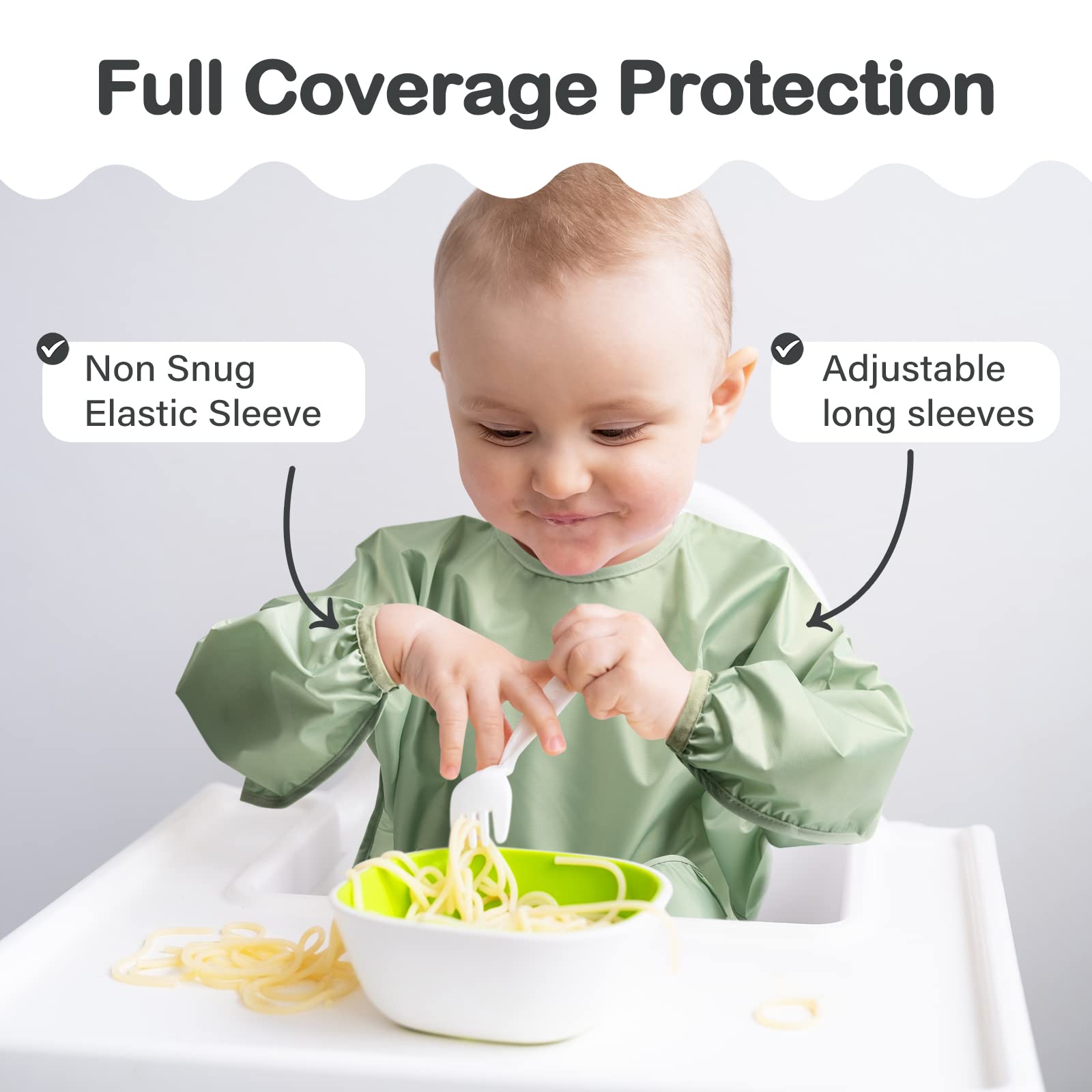 Zoosa baby long sleeve waterproof bib worn during feeding indicates full coverage