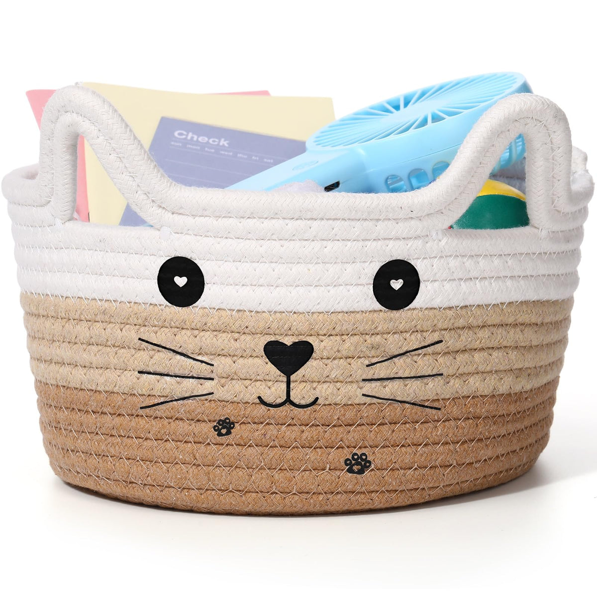 Zopeal cat basket with ear handles stores toys while adding playful decor.