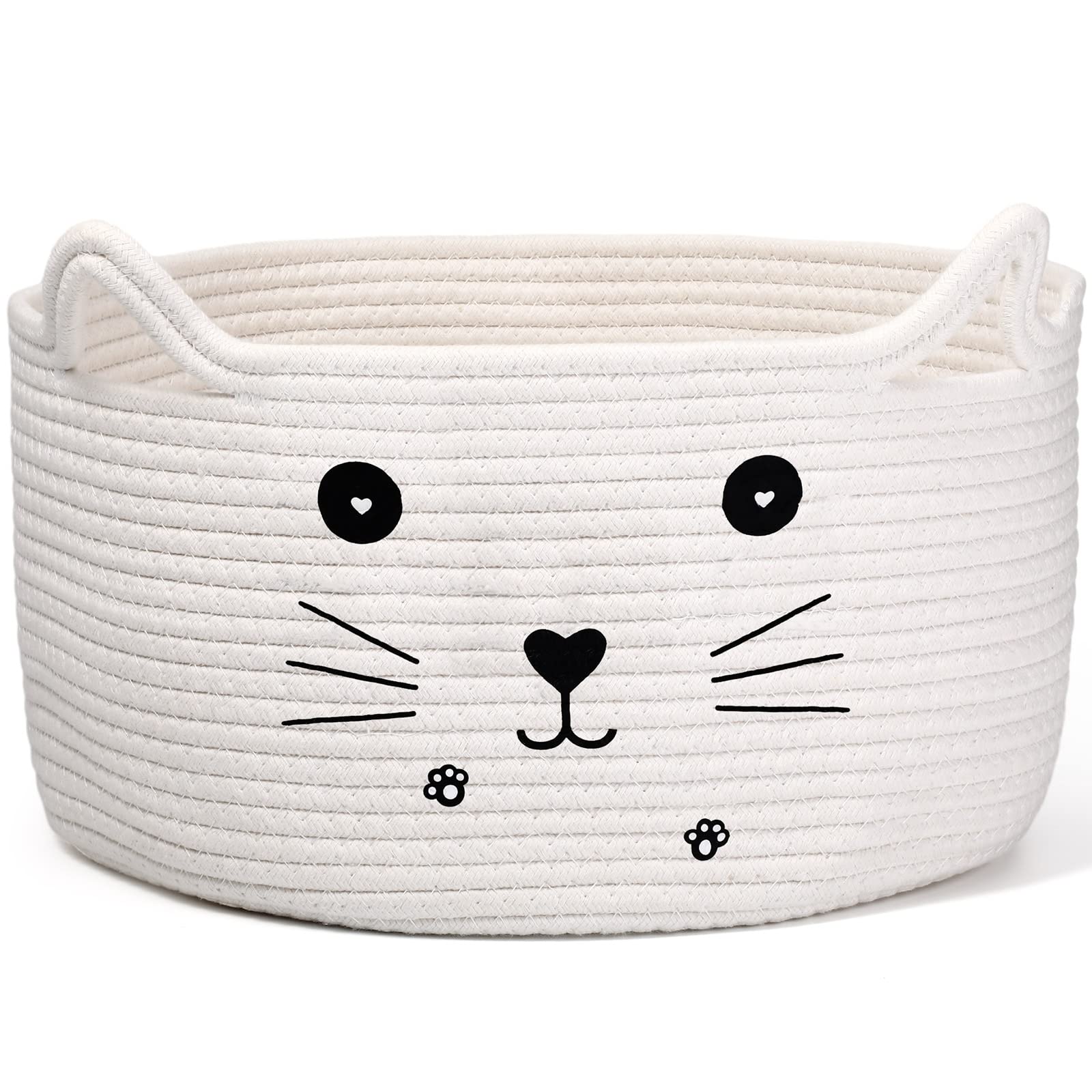 Zopeal cat basket with ear handles provides cute, practical toy storage in a tidy space.