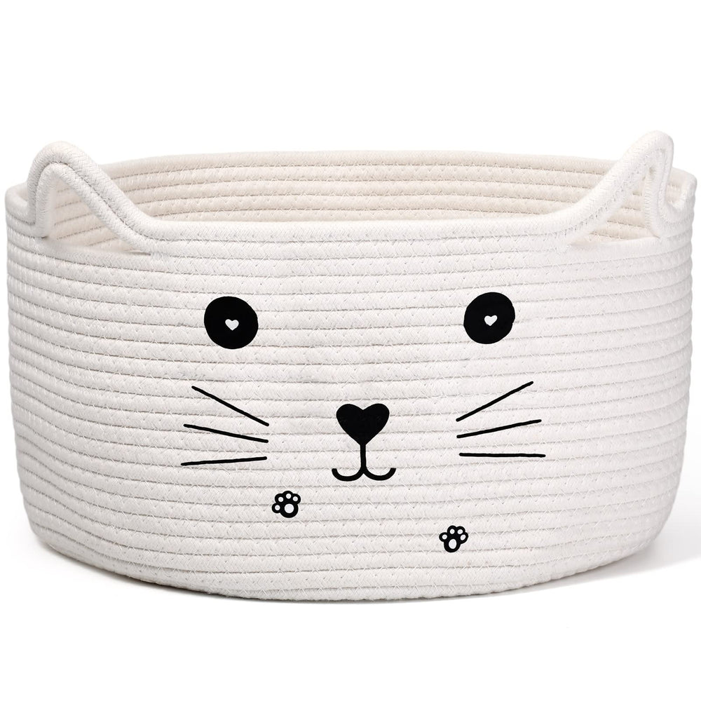 Zopeal cat basket with ear handles provides cute, practical toy storage in a tidy space.
