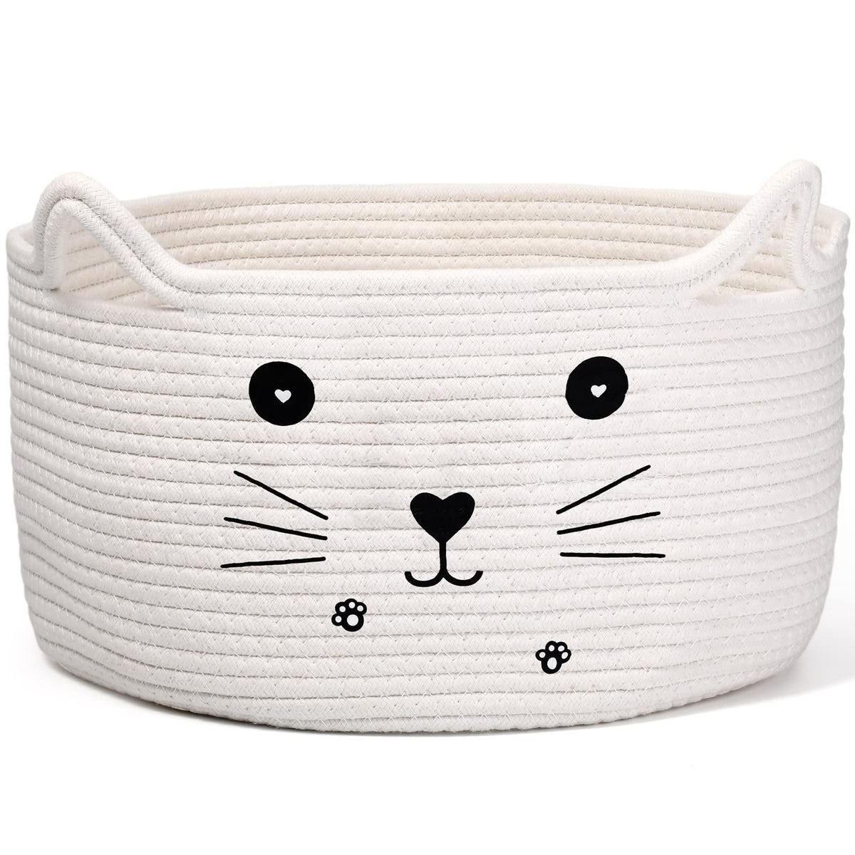 Zopeal cat basket with ear handles provides cute, practical toy storage in a tidy space.