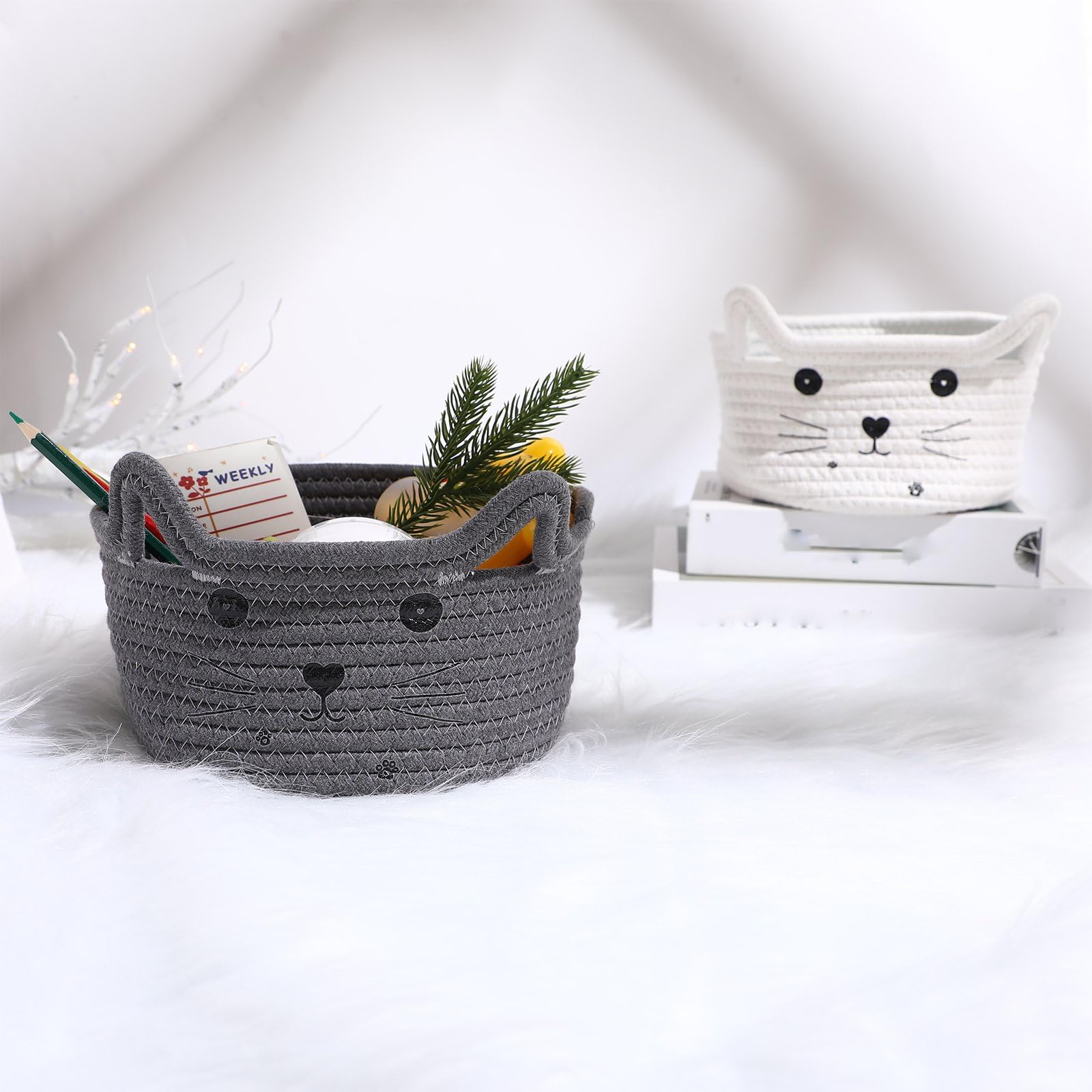 Detail of Zopeal cat ears on basket, adds charm to nursery décor.