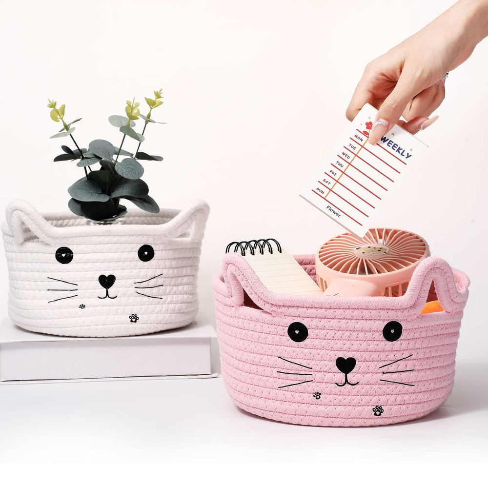 Zopeal cat basket pink in nursery room adds decorative organization.