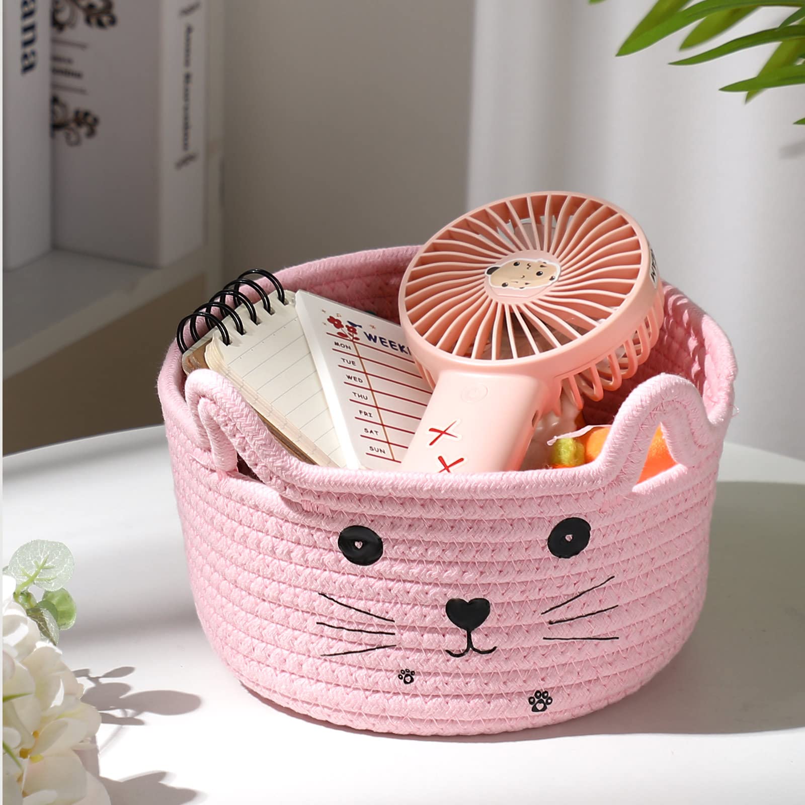 Zopeal cat basket pink texture close-up reveals sturdy cotton rope weave.