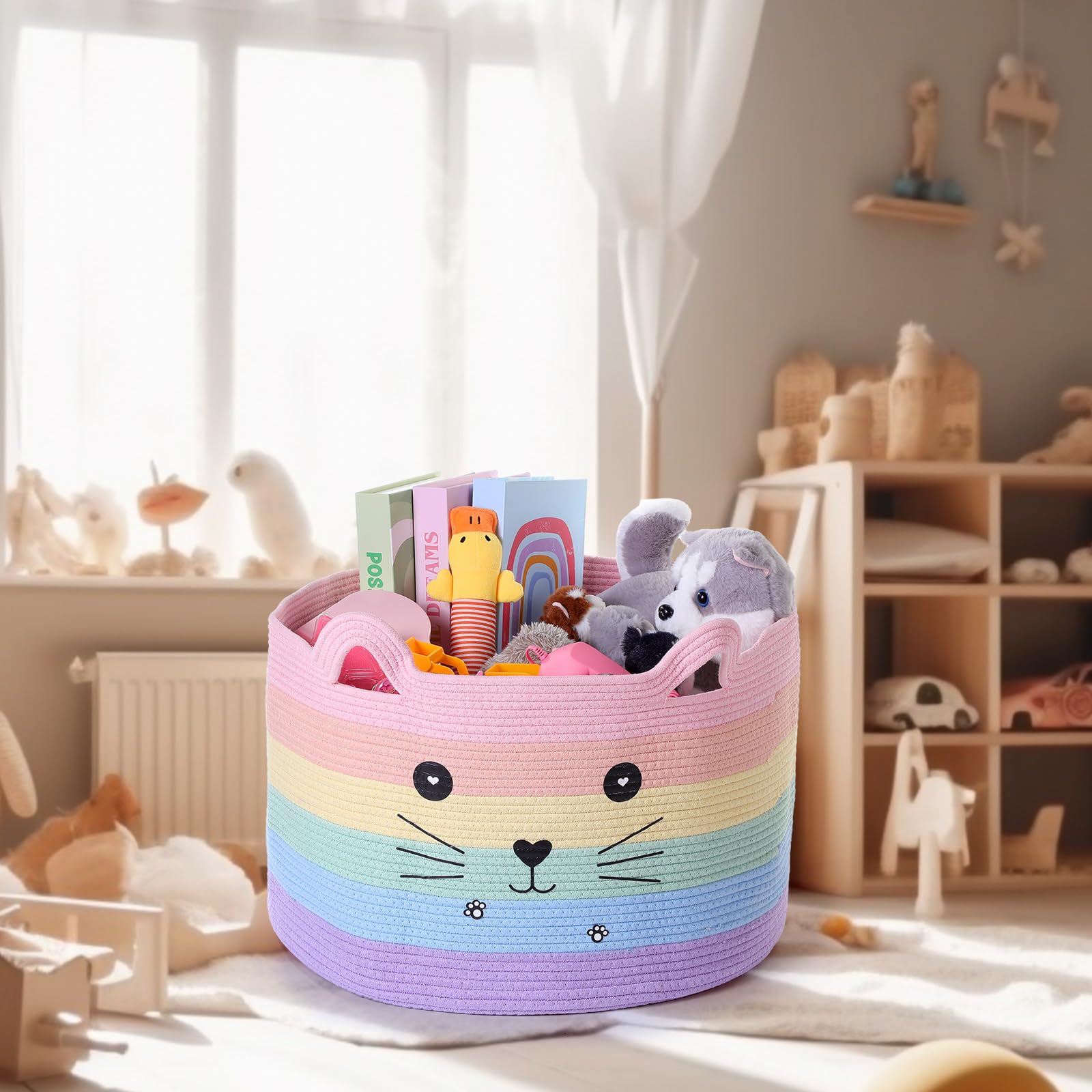 Zopeal cat basket toy-bin keeps pet toys organized and easy to reach.