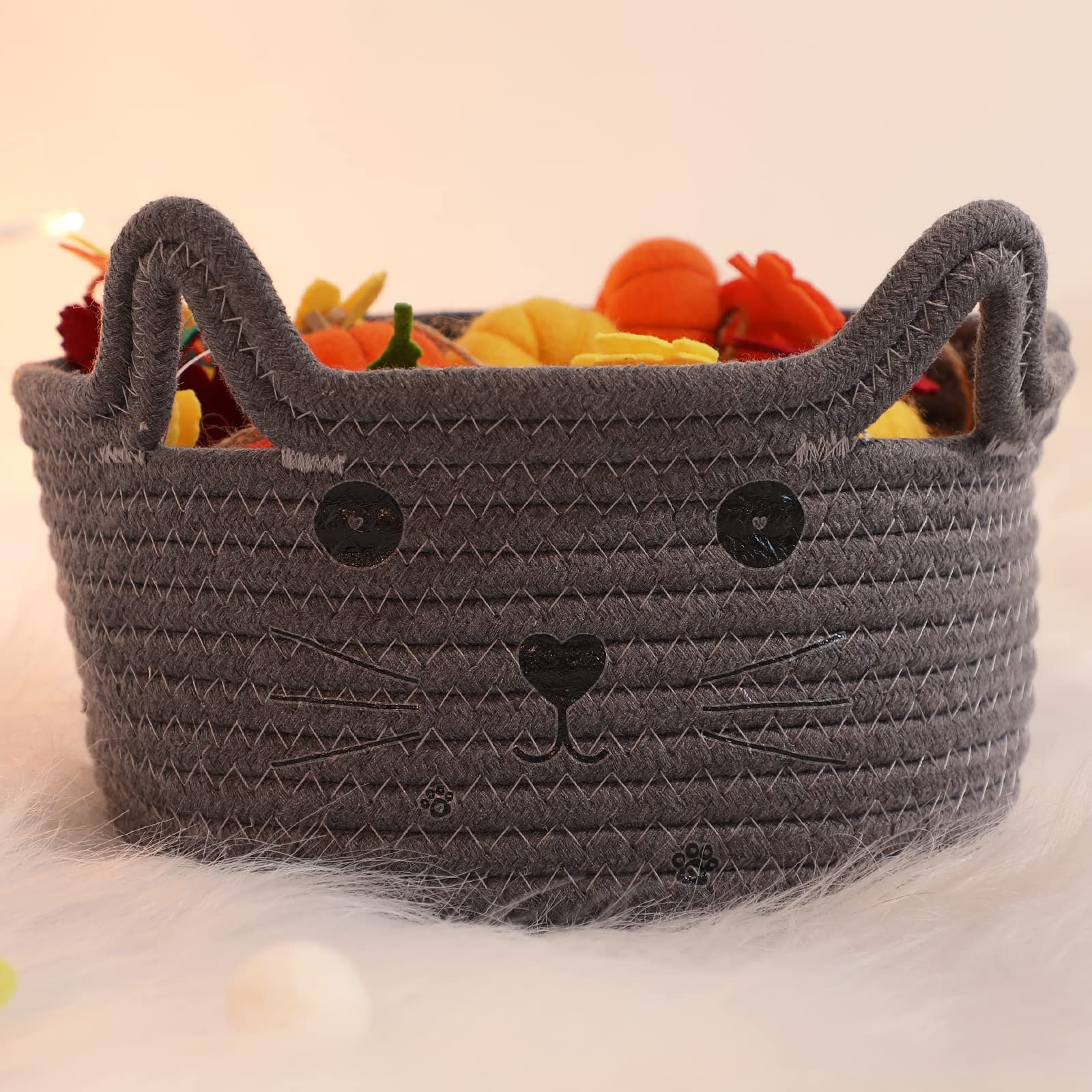 Zopeal woven basket for storing cat or dog toys.