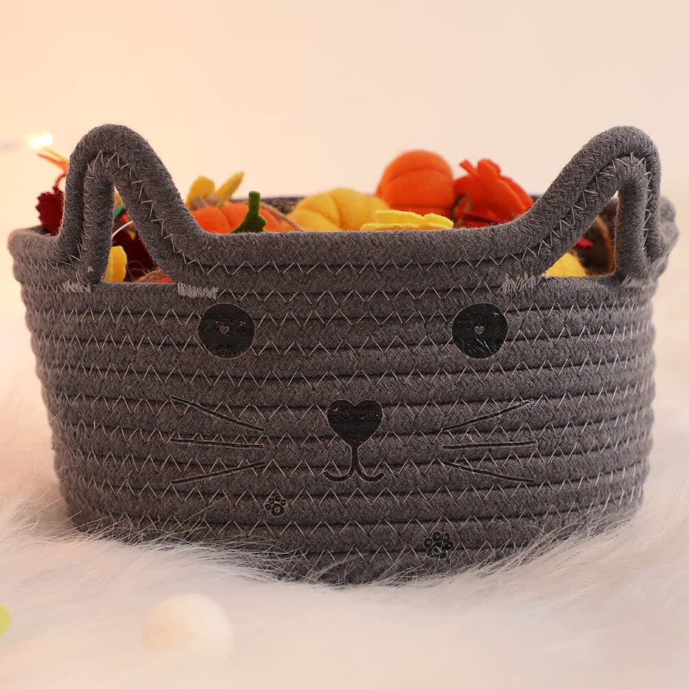Zopeal woven basket for storing cat or dog toys.