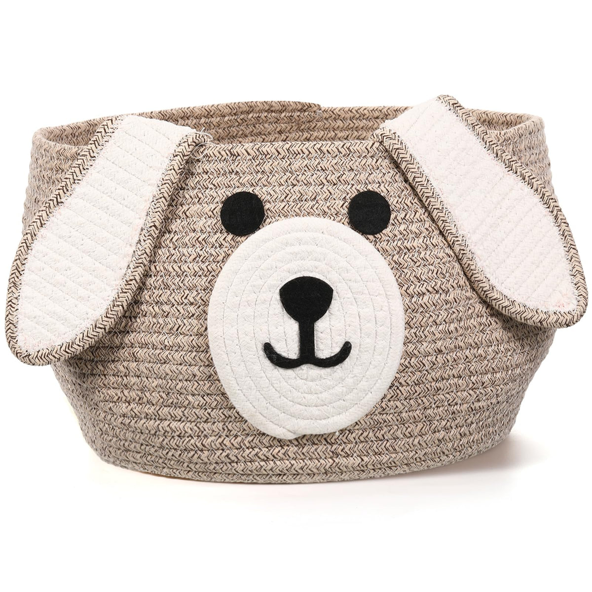 Zopeal dog Christmas woven basket showing brown and white fibers, great for toy storage.