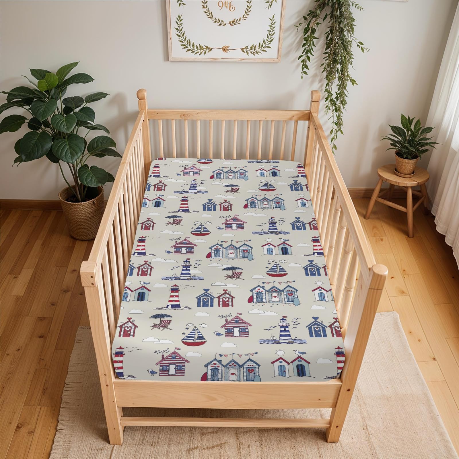 ZoUbqchY nautical crib sheet with beach prints on mattress edge