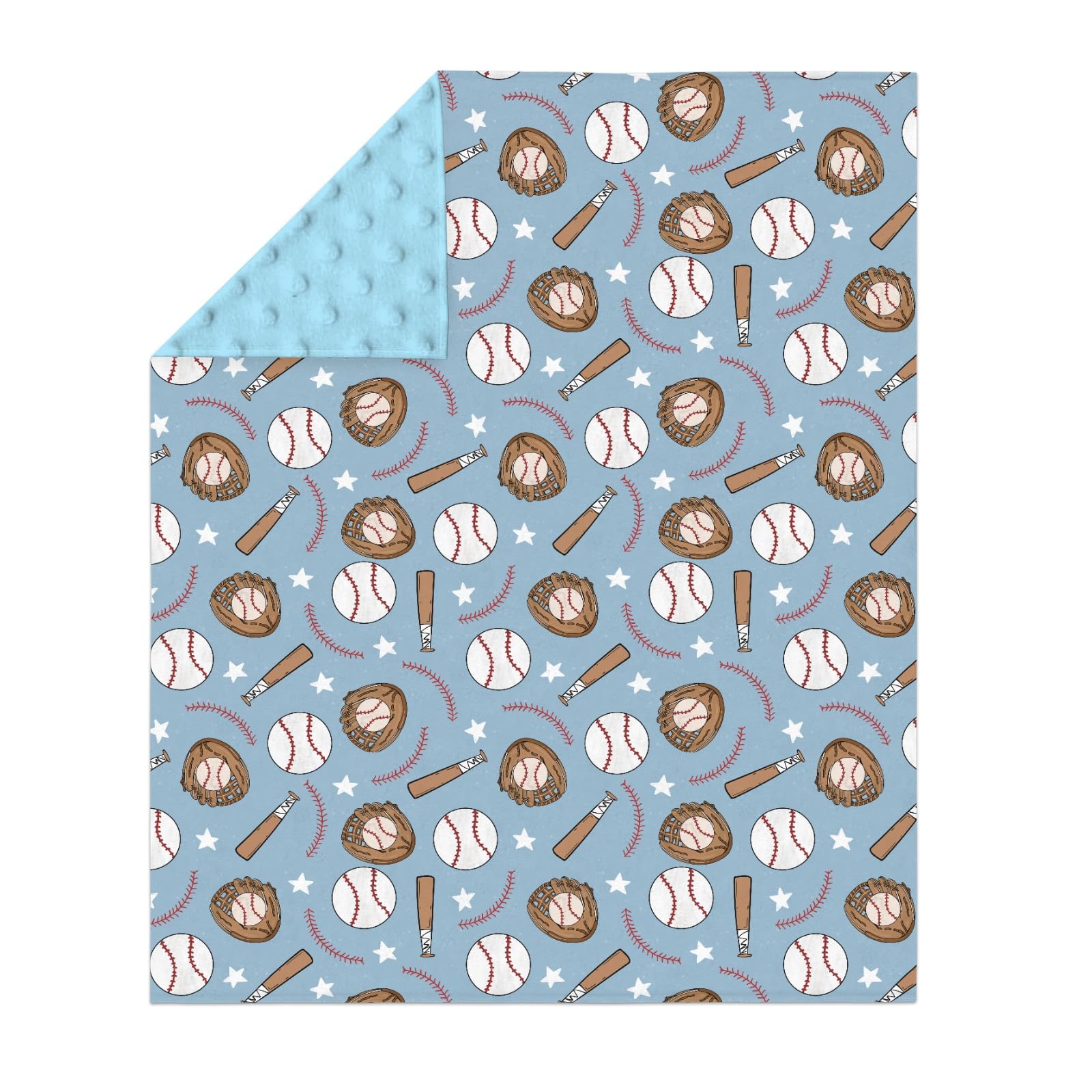 ZoUbqchY blue baseball baby blanket back view highlights plush dotted fleece backing for snuggles.