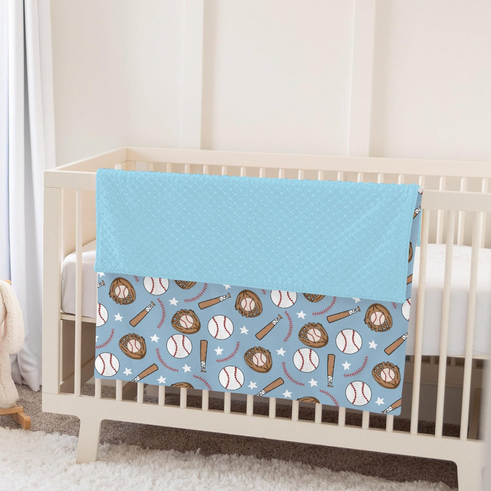 ZoUbqchY blue baseball baby blanket folded neatly for portable travel and storage.