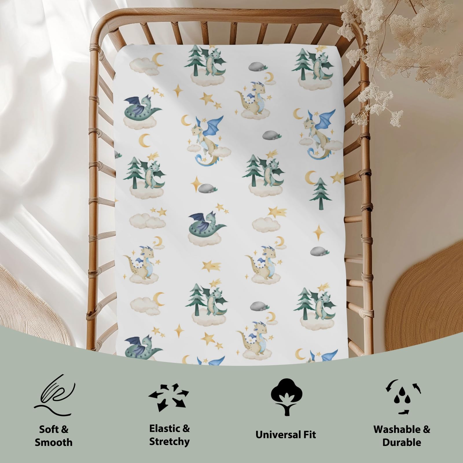 ZoUbqchY fantasy dragon crib sheet with clouds and trees suits gender-neutral nursery themes.