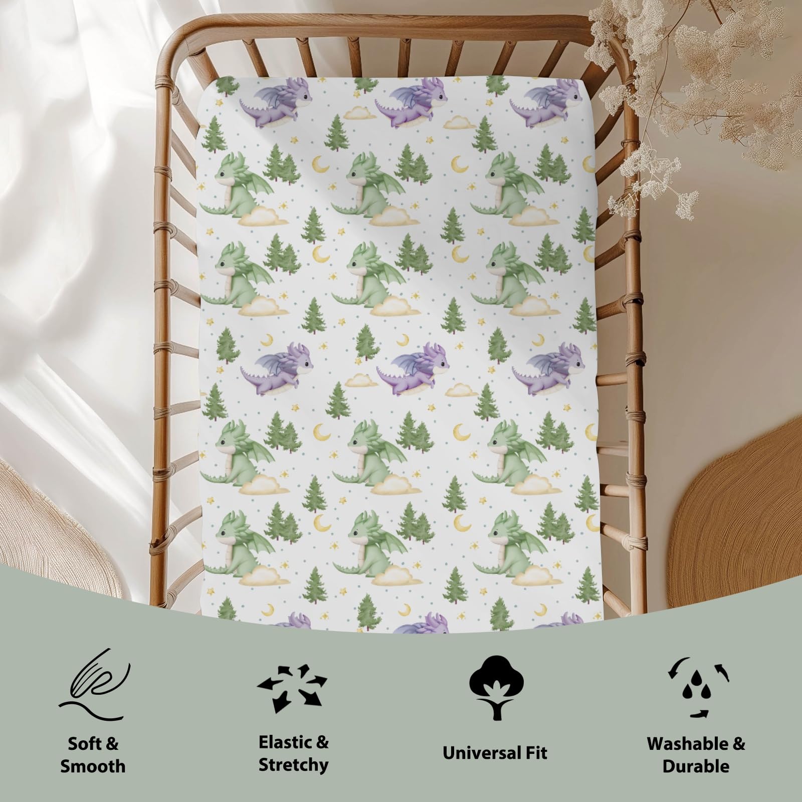 ZoUbqchY fantasy dragons crib sheet pattern with whimsical motifs for nursery calm.