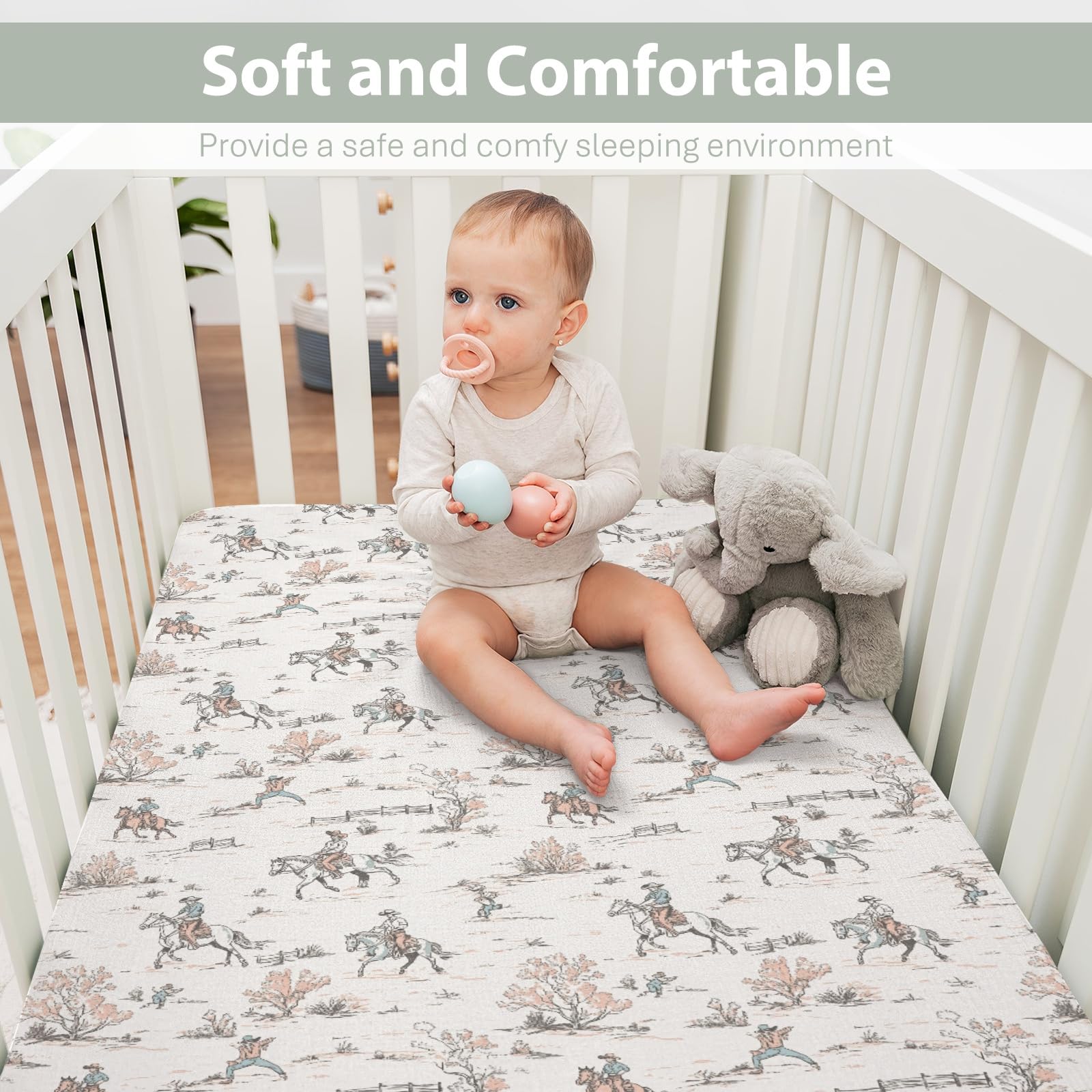 ZoUbqchY Vintage Cowboy Crib Sheet patterns close-up reveals soft silky texture