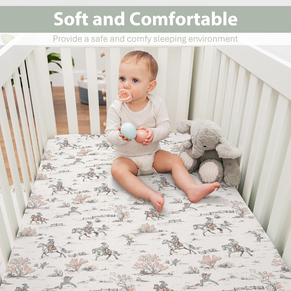 ZoUbqchY Vintage Cowboy Crib Sheet patterns close-up reveals soft silky texture