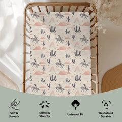 ZoUbqchY Vintage Western Cowgirl Sheets pattern closeup highlighting vibrant, gentle nursery prints