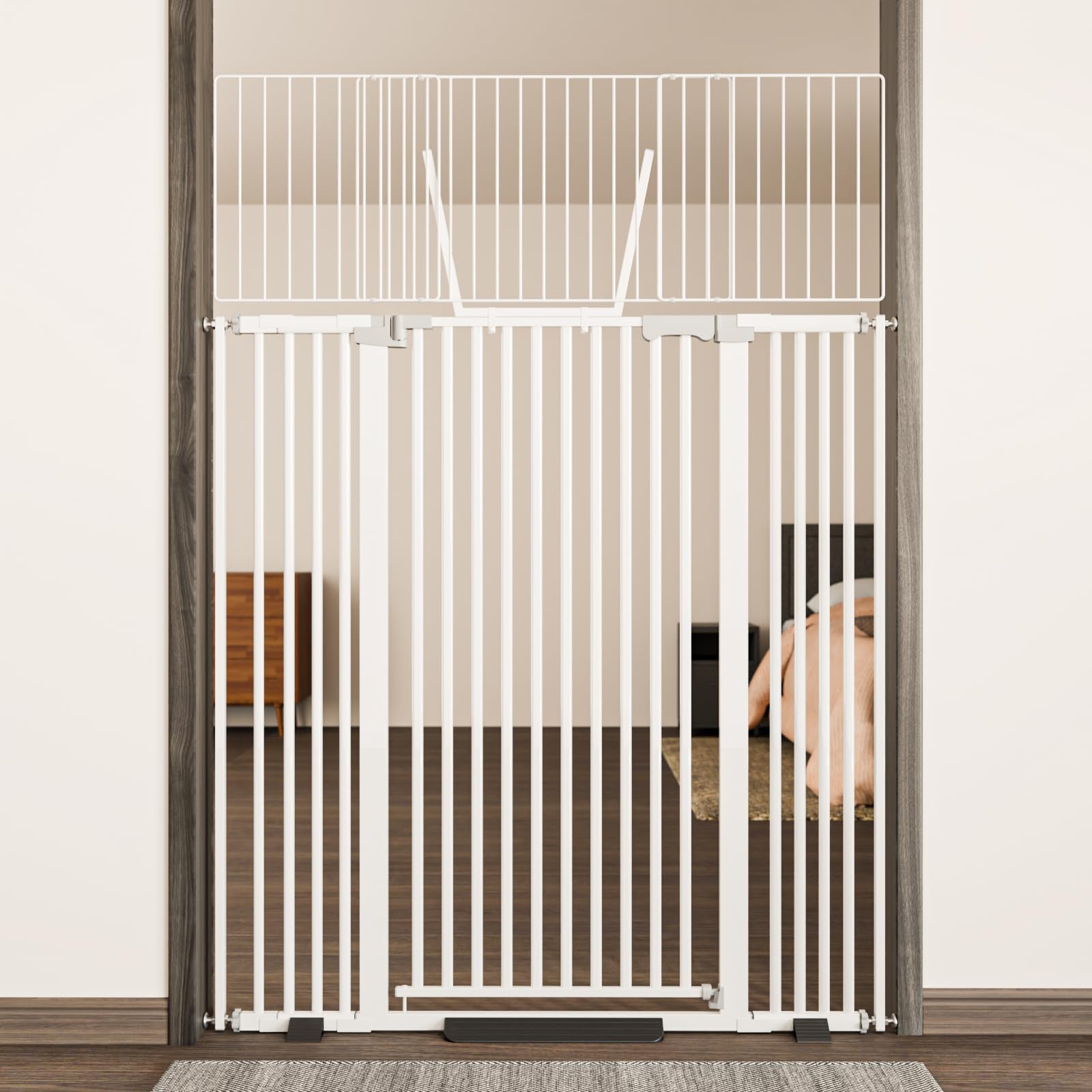 ZOUTEX 68-inch cat gate in doorway provides tall containment.