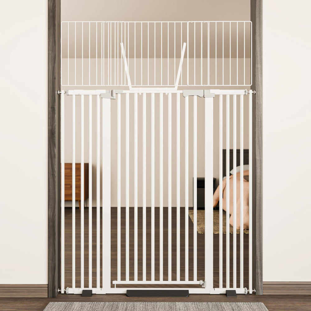 ZOUTEX 68-inch cat gate in doorway provides tall containment.