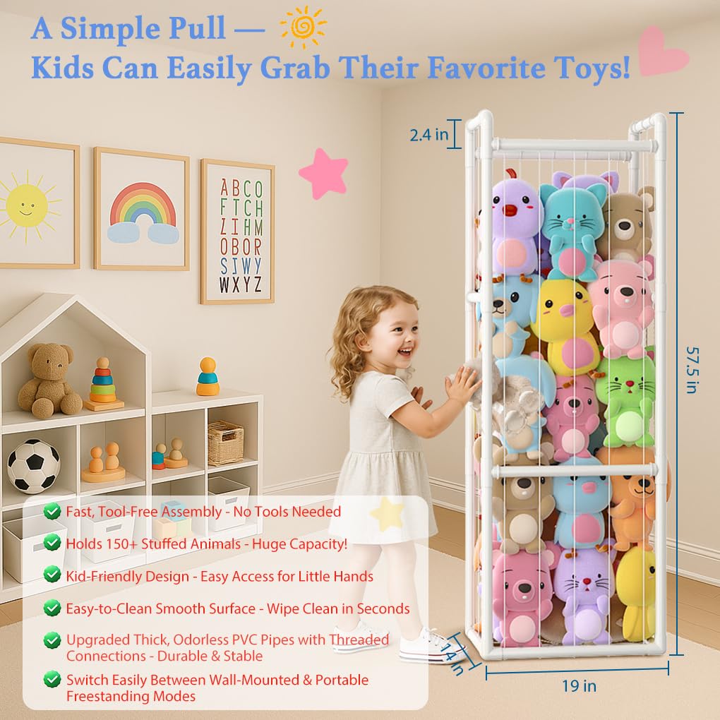 Zoxkoy high-capacity tower holds 150+ plush toys for clutter-free spaces.