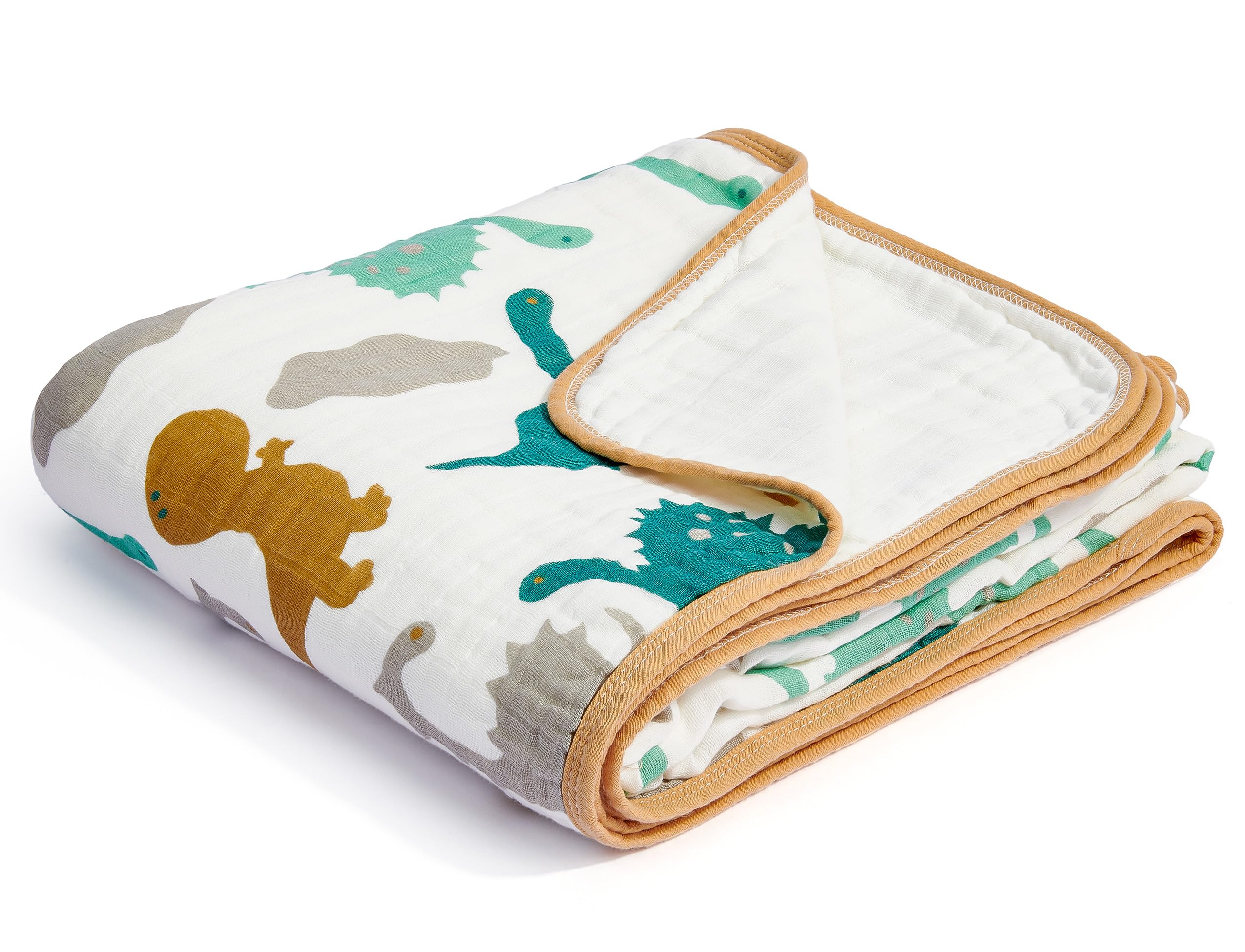 ZPECC dinosaur muslin blanket close-up shows eight-layer breathable fabric for cozy nights