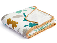 ZPECC dinosaur muslin blanket close-up shows eight-layer breathable fabric for cozy nights