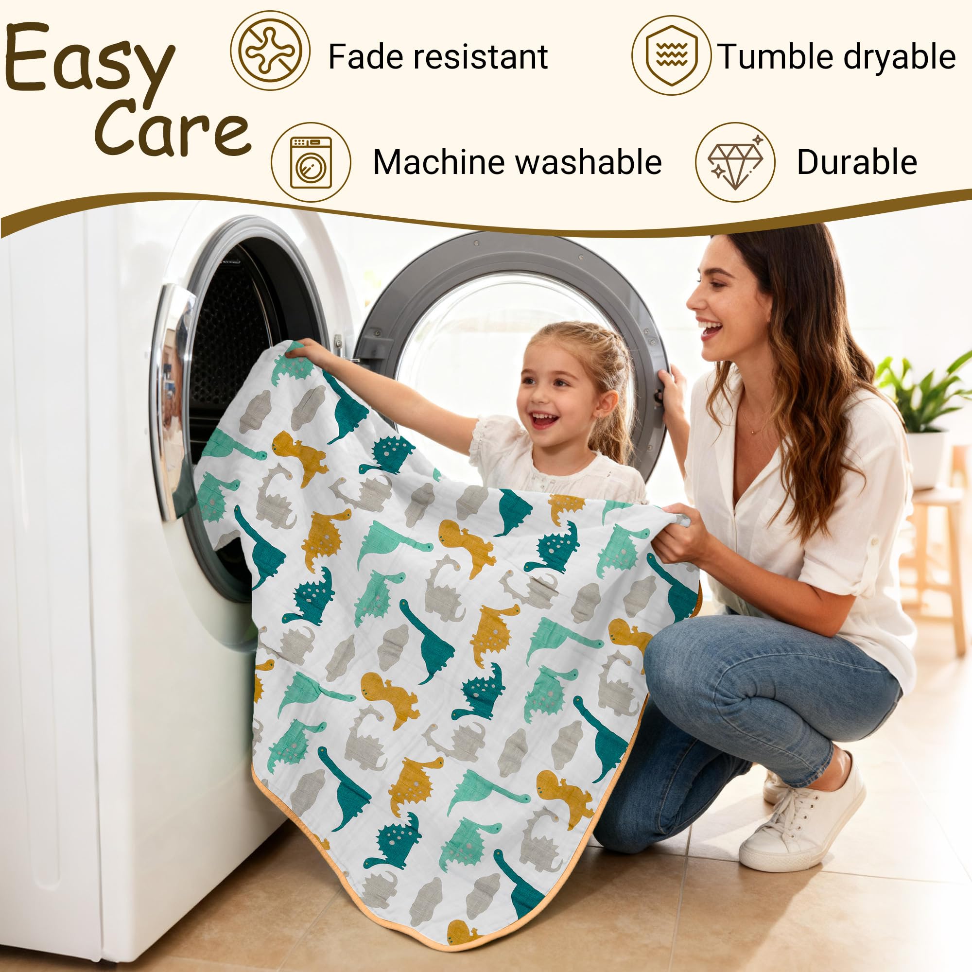 ZPECC dinosaur muslin blanket on crib shows large 47x47 size for tots