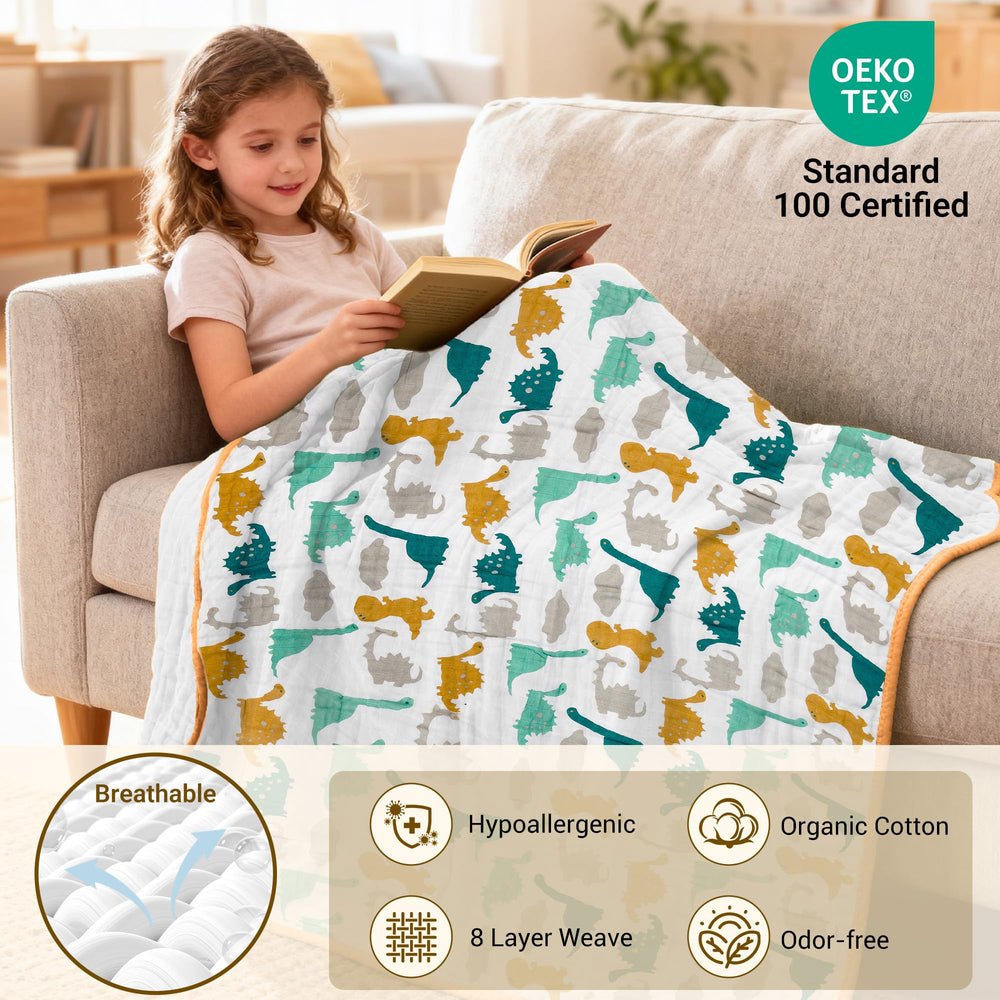 ZPECC dinosaur muslin blanket laid for nap-time soft skin-friendly comfort
